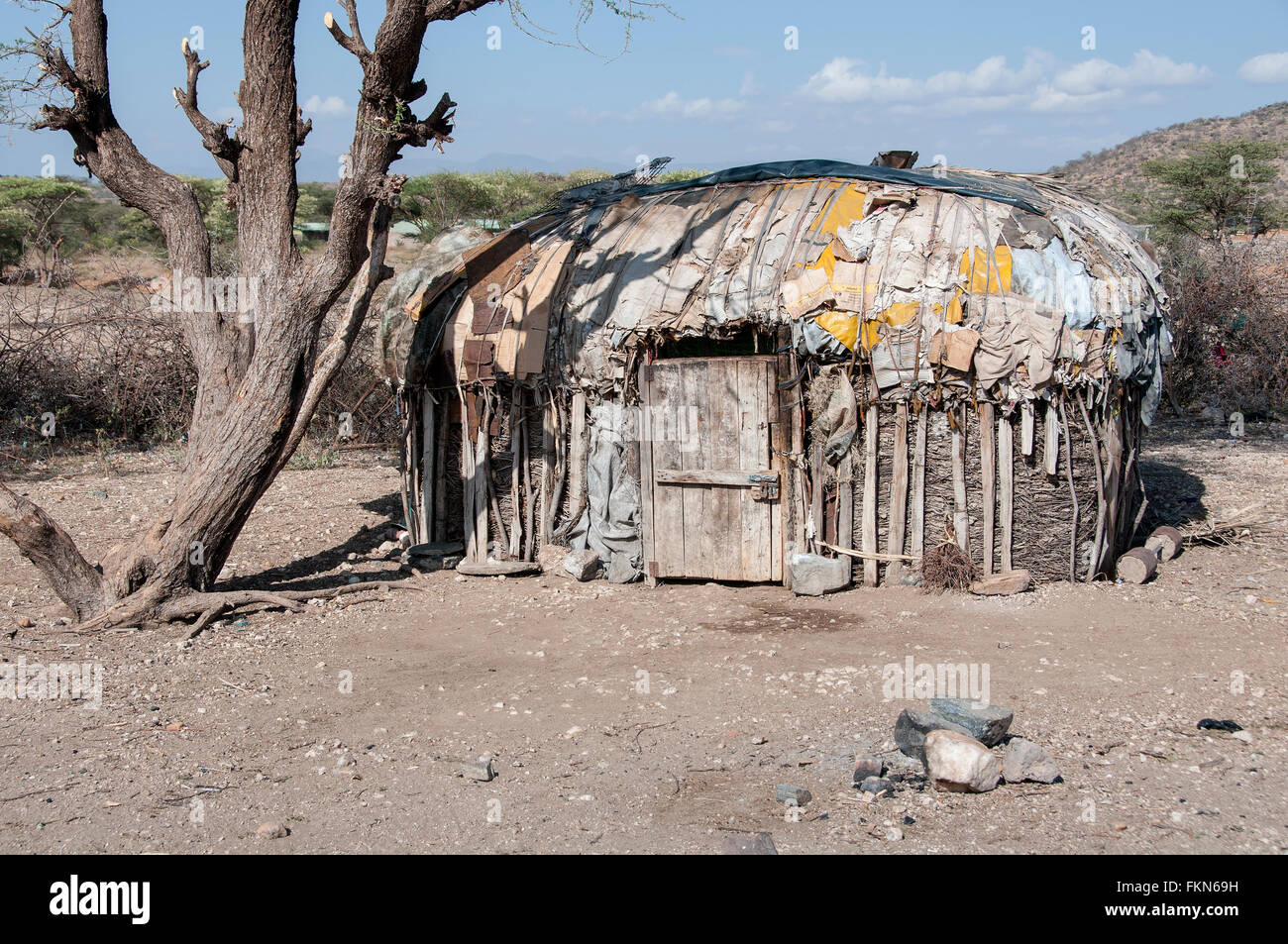 Ein traditionelles Samburu-Haus innen ein Manyatta, Samburu National Reserve, Kenia, Ostafrika Stockfoto