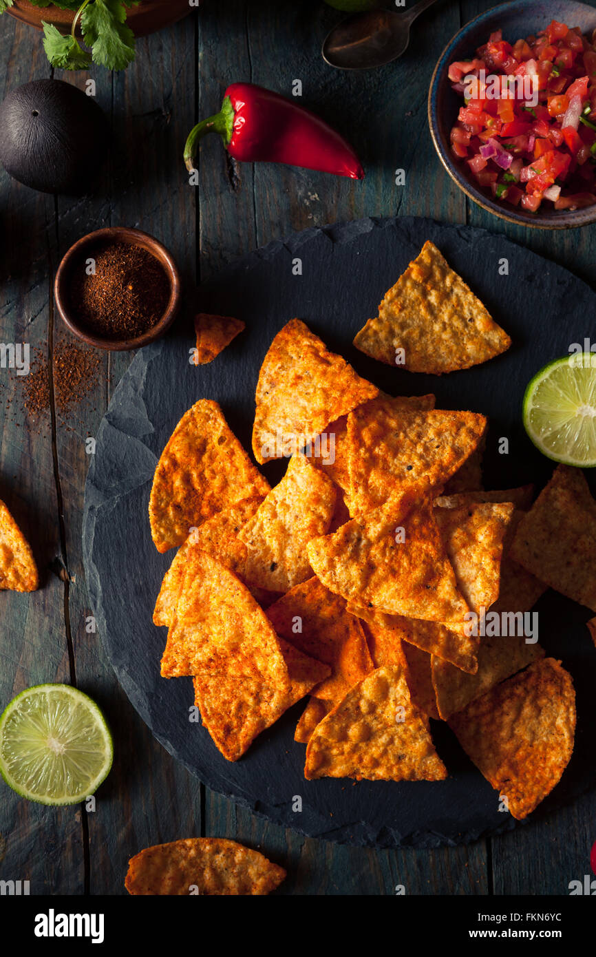 Hausgemachte Chili-Limetten-Tortilla-Chips mit Salsa Stockfoto