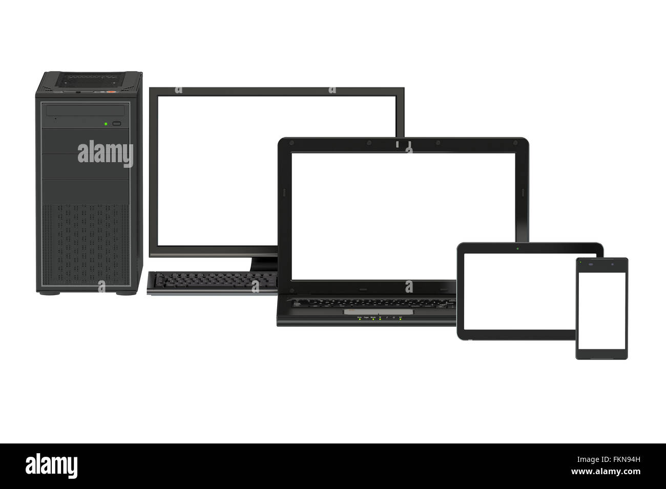 Moderne Computer, Laptop, Tablet und Smartphone mit weißer Bildschirm Stockfoto