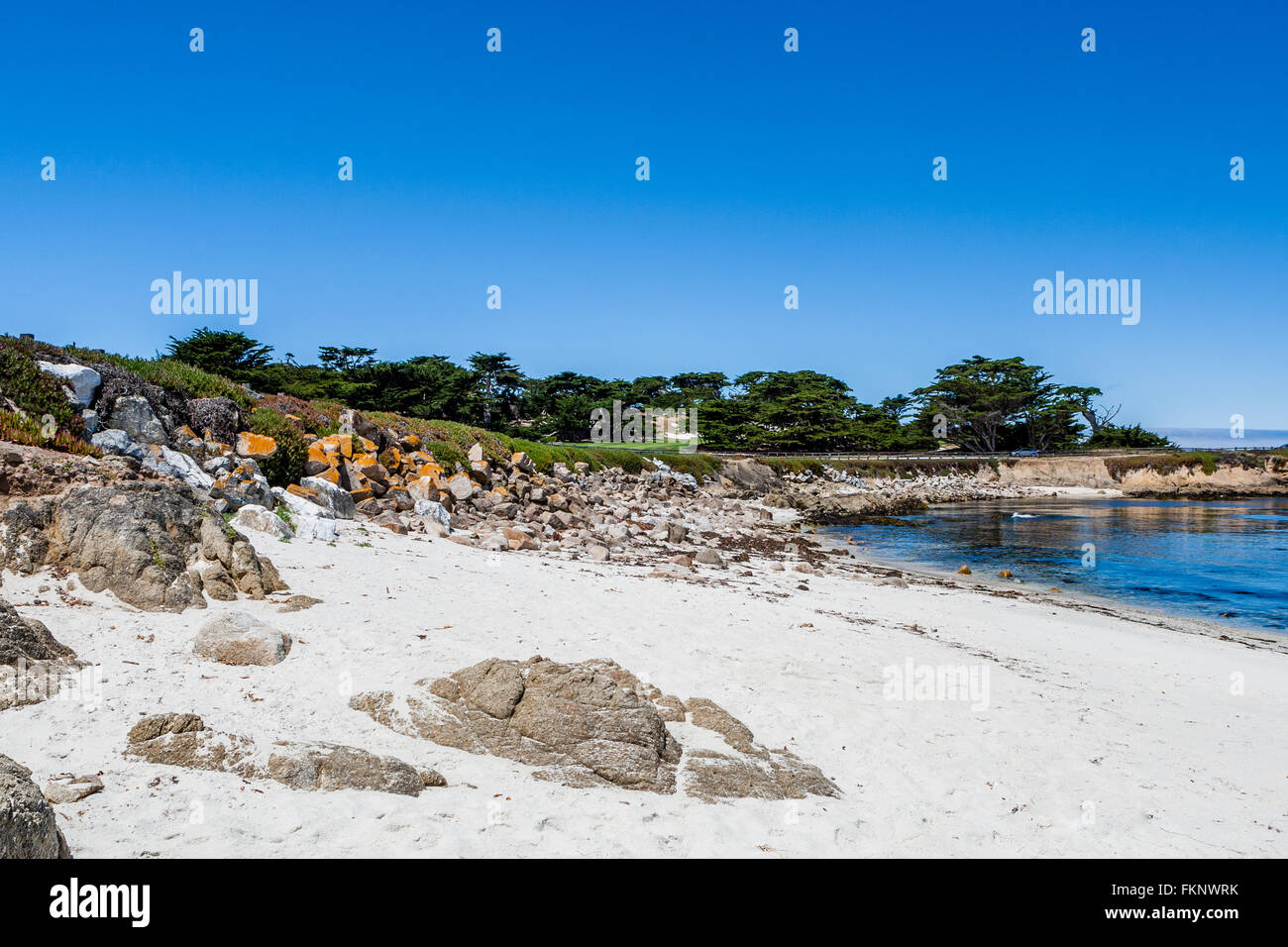 Sandstrand in der Nähe von Cypress Point, 17 Mile Drive, Big Sur, Kalifornien, USA - 1. Juli 2012: The 17 Mile Drive ist eine Panoramastraße Throu Stockfoto