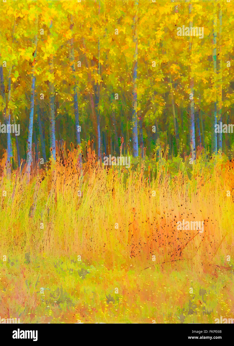 Interpretierende digitale Malerei eines Standes von Erlen im Herbst. Stockfoto