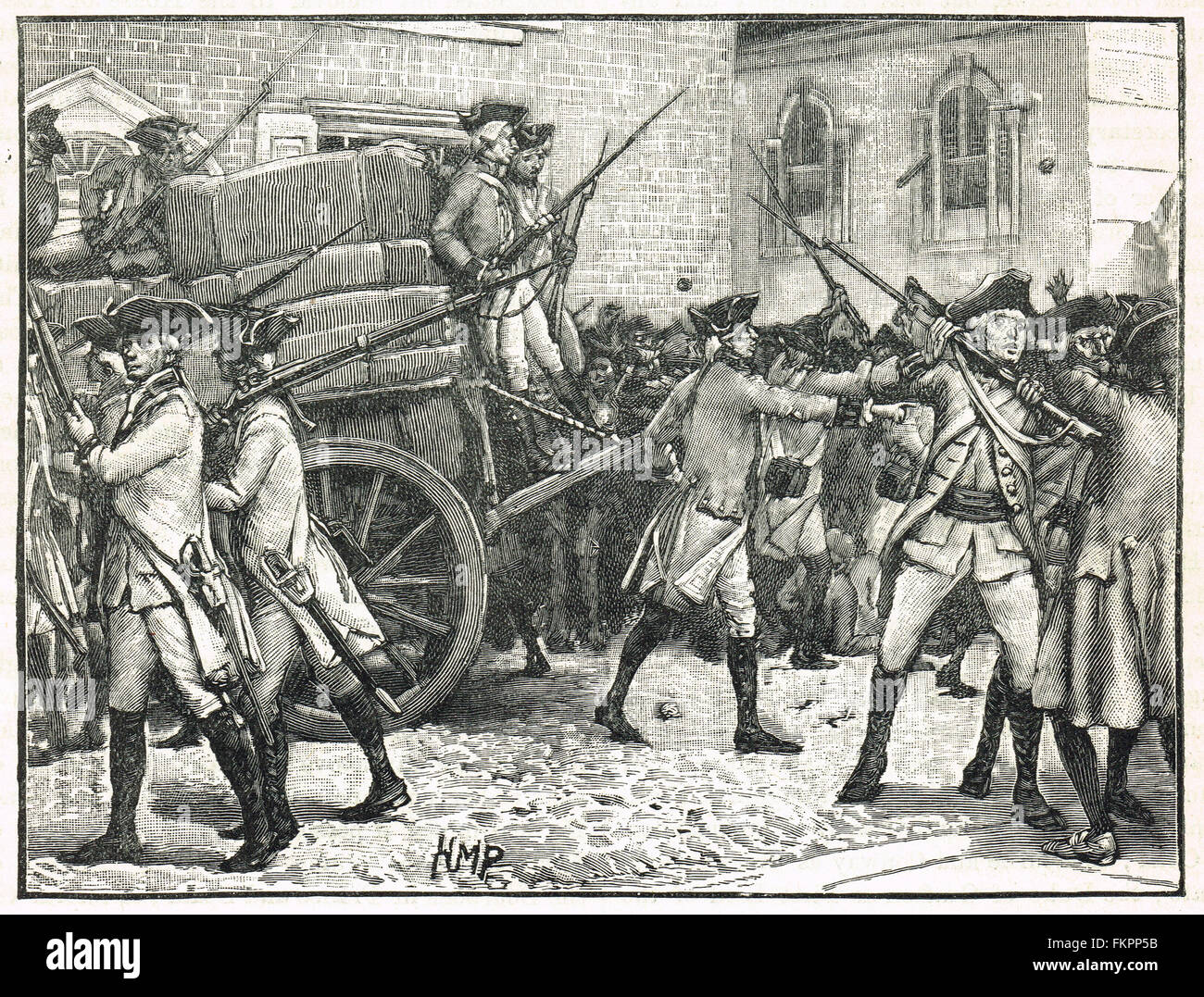 Durchsetzung der Stamp Act Truppen eskortieren gestempelt Papier nach New York City Hall USA 1766 Stockfoto