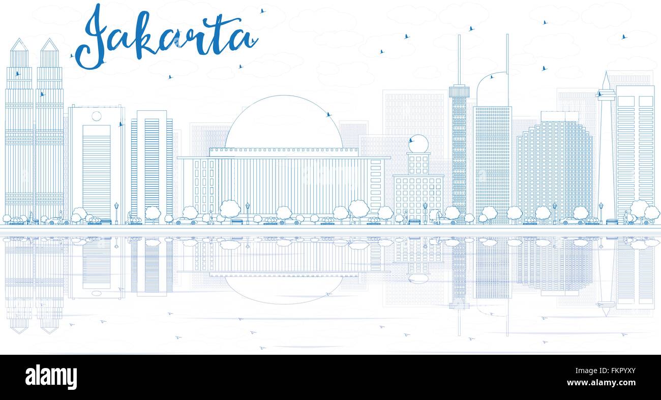 Skyline von Jakarta mit blauen Gebäuden und Reflexionen zu skizzieren. Vektor-Illustration. Business-Reisen und Tourismus-Konzept Stock Vektor