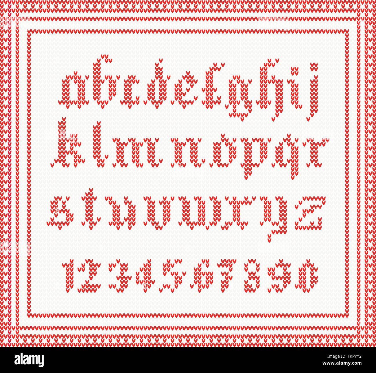 Weihnachten-Schriftart: gestrickte gotischen Alphabet in roter Farbe. Weihnachten-Konzept für Banner, Plakat, Plakat oder Website Stock Vektor