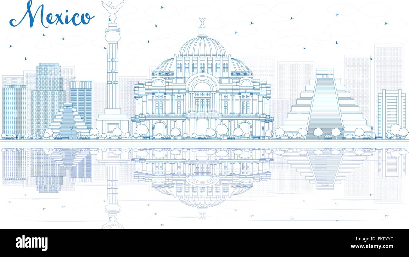 Mexiko-Skyline mit blauen Gebäuden und Reflexionen zu skizzieren. Vektor-Illustration. Business-Reisen und Tourismus-Konzept Stock Vektor