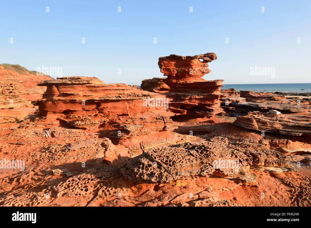Detail des roten Pindan Felsformation, Reddell Strand, Gantheaume Point, Broome, Kimberley-Region, Western Australia, WA, Australien Stockfoto