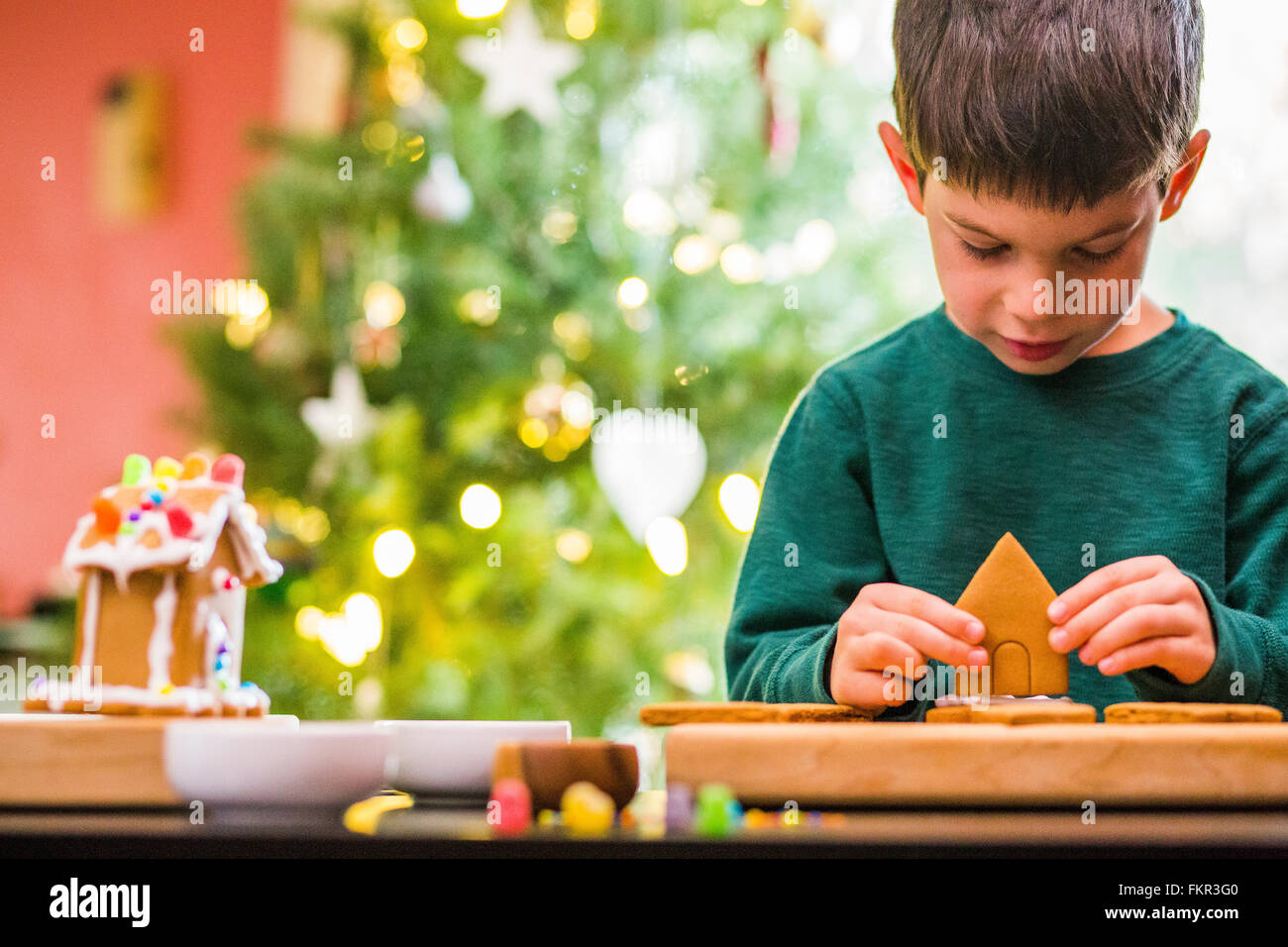 Gemischte Rassen junge Lebkuchenhaus bauen Stockfoto