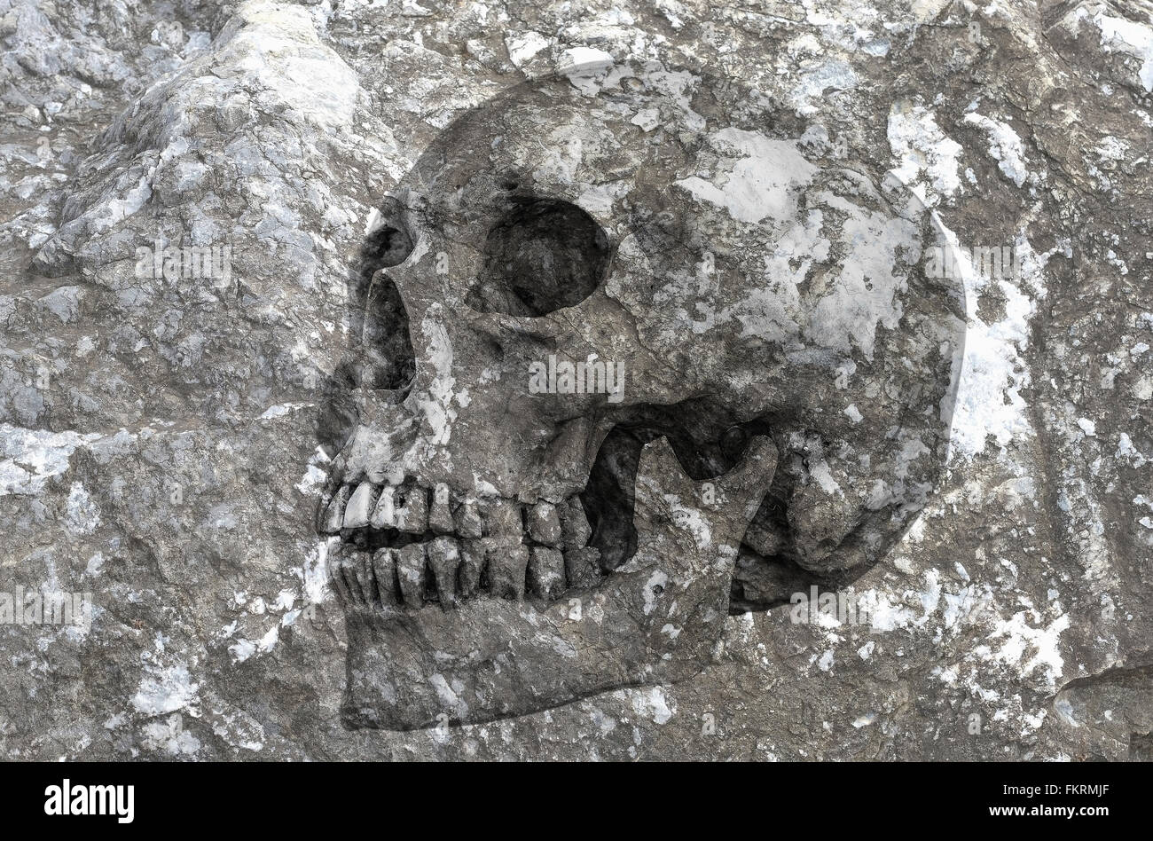 Abstraktes Symbol Idee, Leben, Seitenansicht des menschlichen Schädels in Rock Hintergrund. Leben Nr. 3 2016 Stockfoto