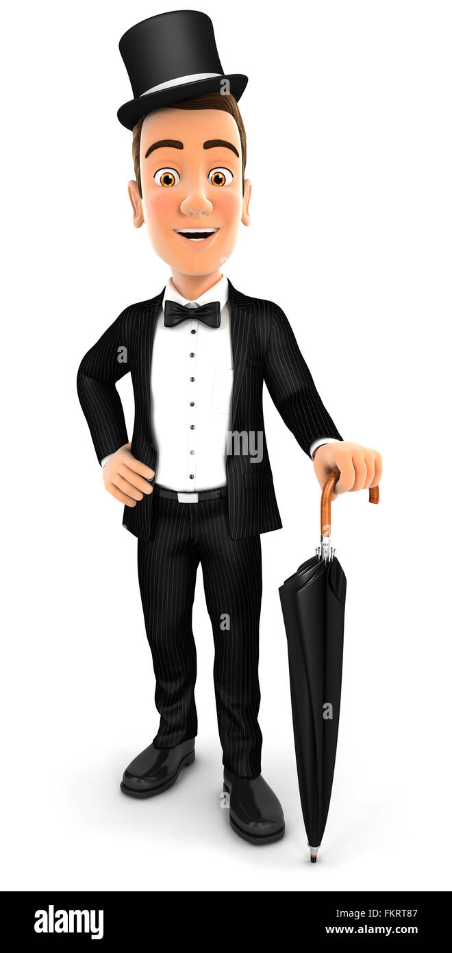 3D eleganten Gentleman mit Regenschirm, isoliert weißen Hintergrund Stockfoto