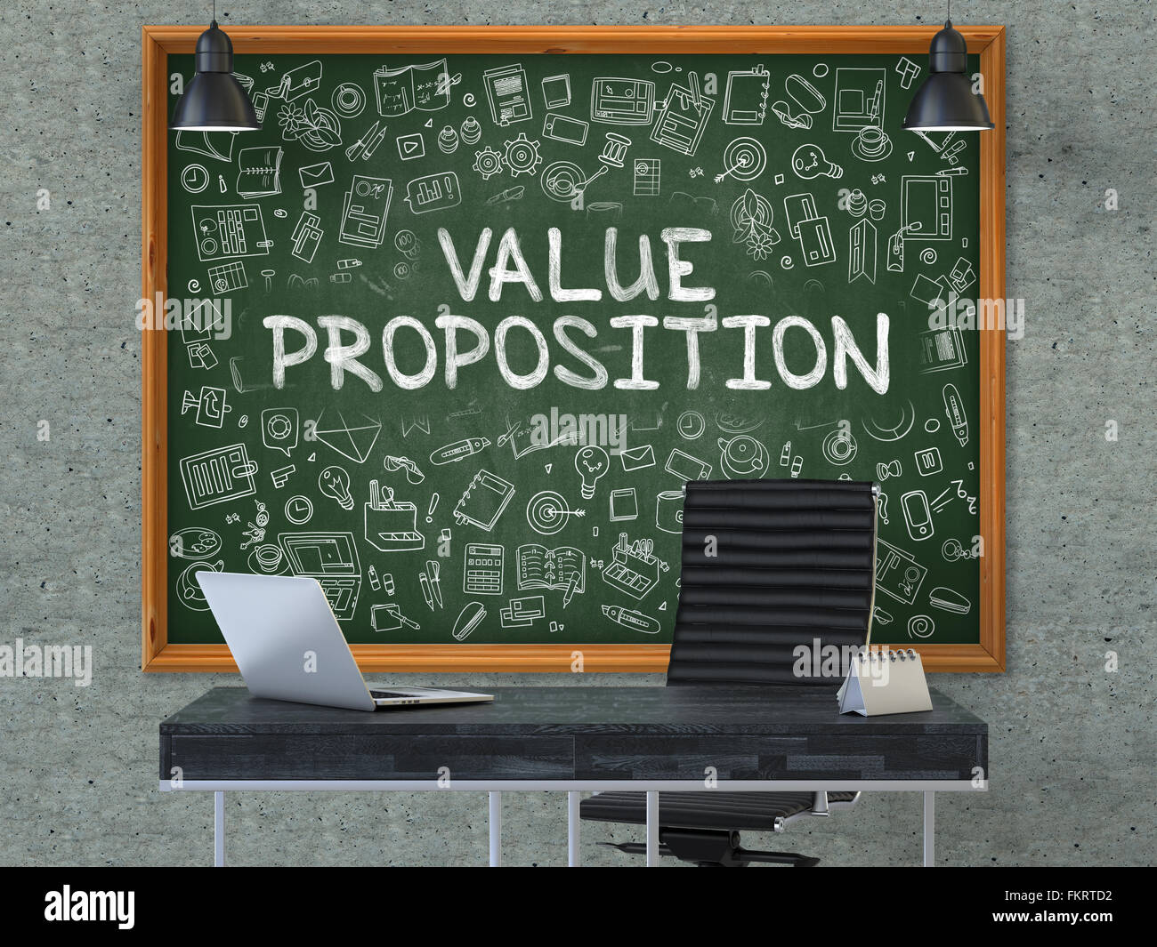 Value Proposition-Konzept. Doodle-Symbole auf der Tafel. Stockfoto