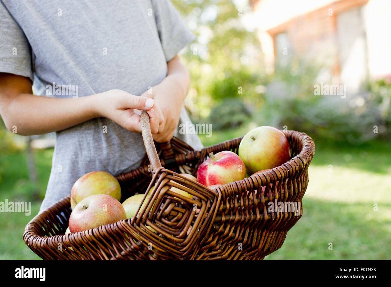 Mädchen mit Korb Äpfel Stockfoto