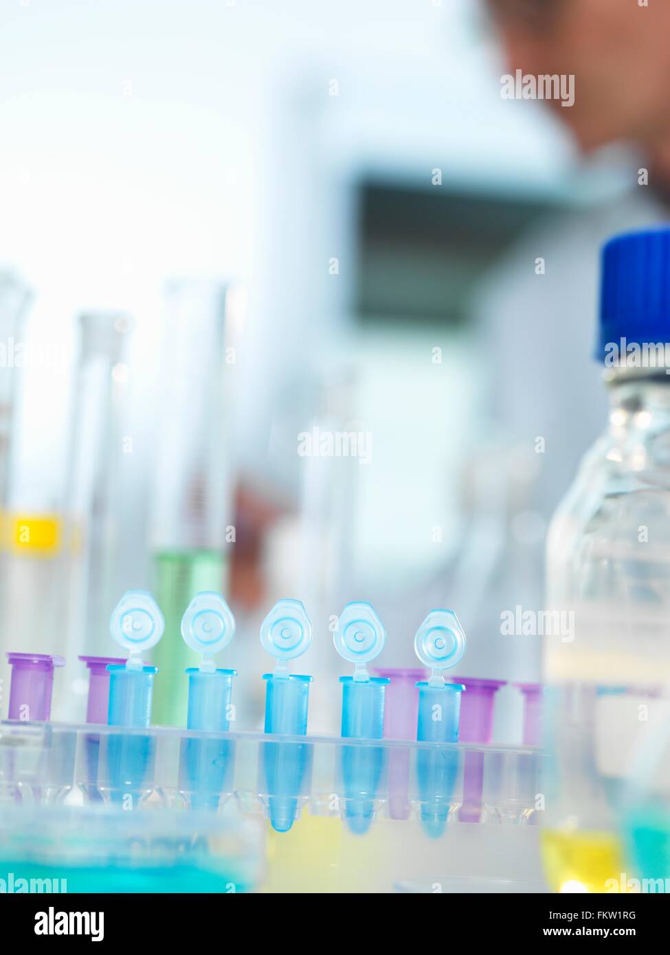 Reihe von Eppendorf Fläschchen warten auf Probe für Tests im Labor, Wissenschaftler im Hintergrund unscharf Stockfoto