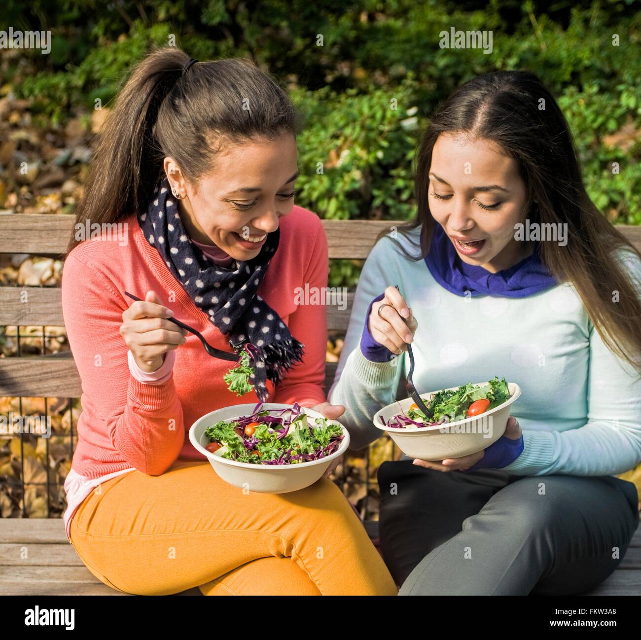 Junge Erwachsene weibliche Zwillinge sitzen auf der Parkbank plaudern und Essen Stockfoto