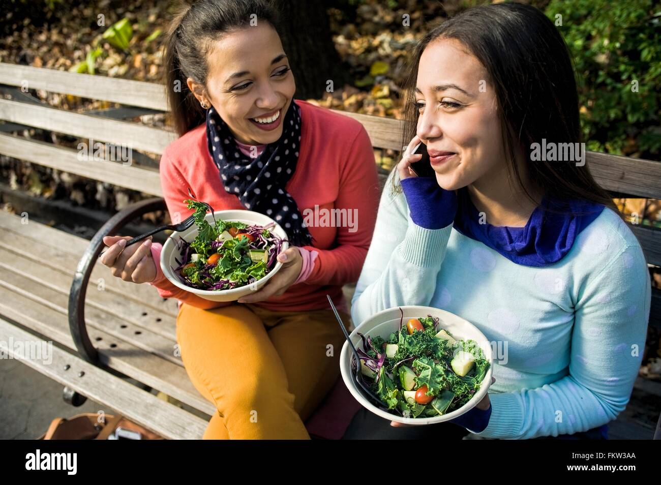 Junge Erwachsene weibliche Zwillinge sitzen auf der Parkbank im Chat auf Smartphone und Essen Stockfoto