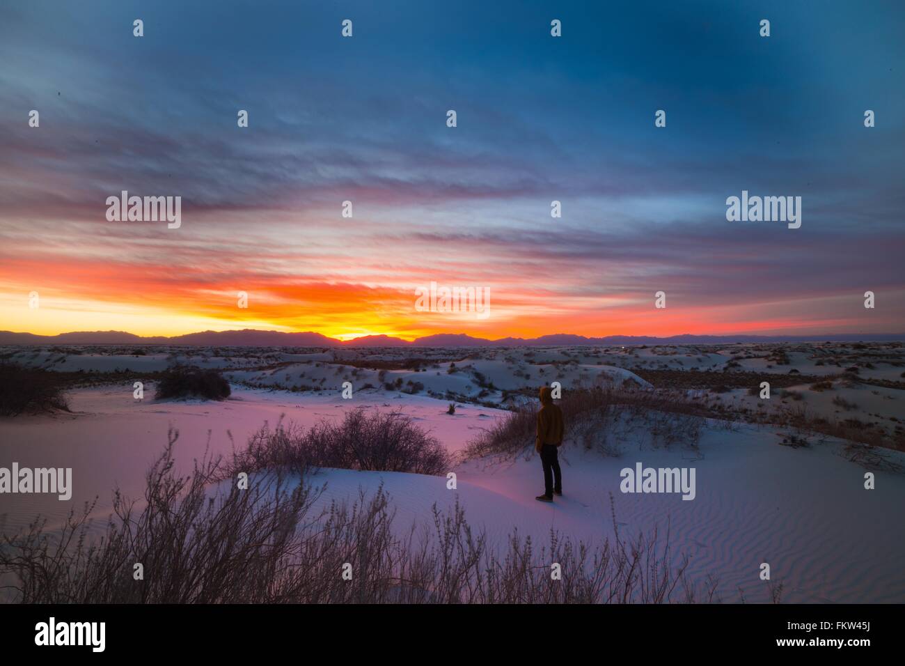 Junger Mann stehend, Sonnenuntergang, White Sands New Mexico Stockfoto