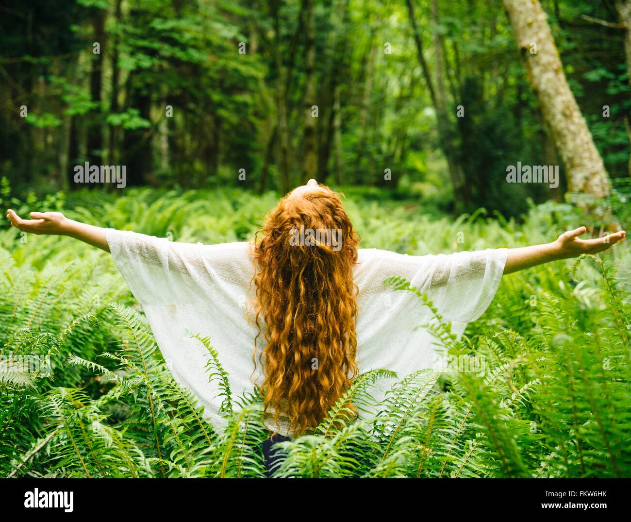 Rückansicht des junge Frau mit langen roten Haaren mit Armen öffnen unter Wald Farne Stockfoto