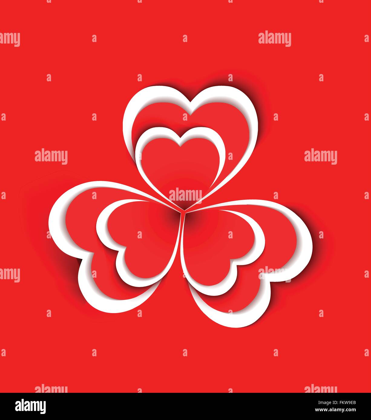 Konzeptionelle Blütenform hergestellt aus Papier Herzen Form auf rotem Grund Stock Vektor