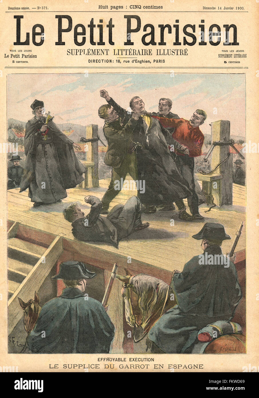 Hinrichtung durch Erdrosseln in Spanien 1900. Französische illustrierte Zeitung Le Petit Parisien Illustration Stockfoto