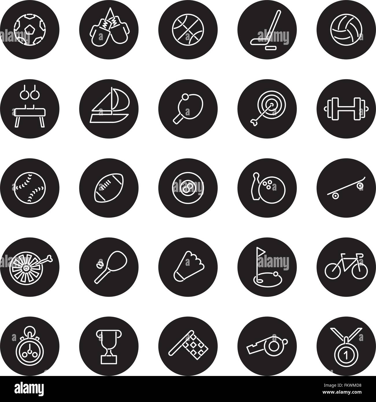 Festlegen von 25 Sport Verwandte Linie Symbole in schwarze Kreise Stock Vektor