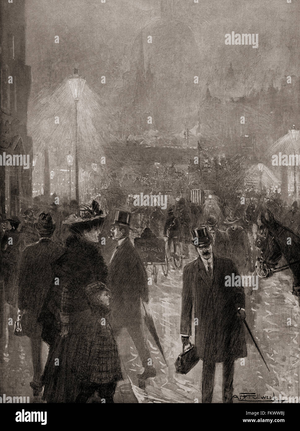 Dichter Nebel am Ludgate Circus, London, England, Ende des 19. Jahrhunderts.  Erbsensuppe oder ein Pea Souper, aka schwarzen Nebel, killer Nebel oder Smog war eine sehr dicke und oft gelblich, grünlich oder schwärzlich Nebel verursacht durch Luftverschmutzung, die enthaltenen Ruß Partikel und giftiges Gas Schwefeldioxid aus die Kohle-Brände, die im späten 19. Jahrhundert in London brannten. Stockfoto