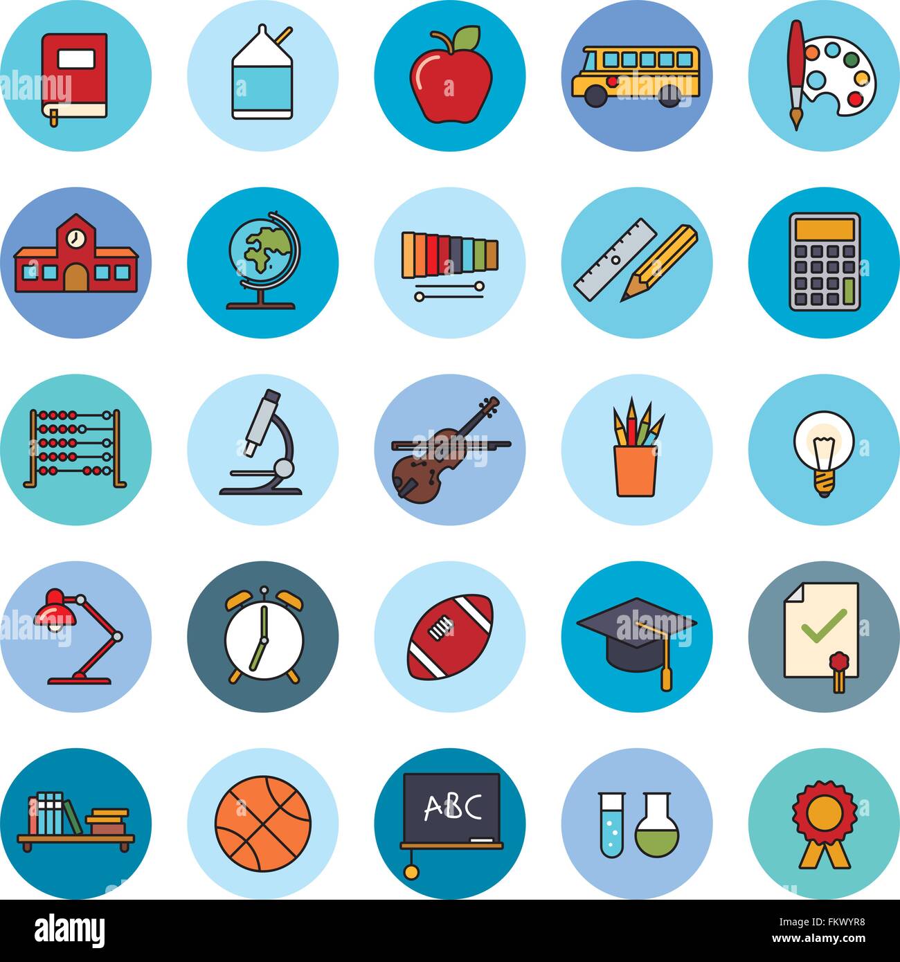 Sammlung von 25 Bildung, Schule, Hochschule und Universität im Zusammenhang mit gefüllten Zeile Symbole in blaue Kreise Stock Vektor