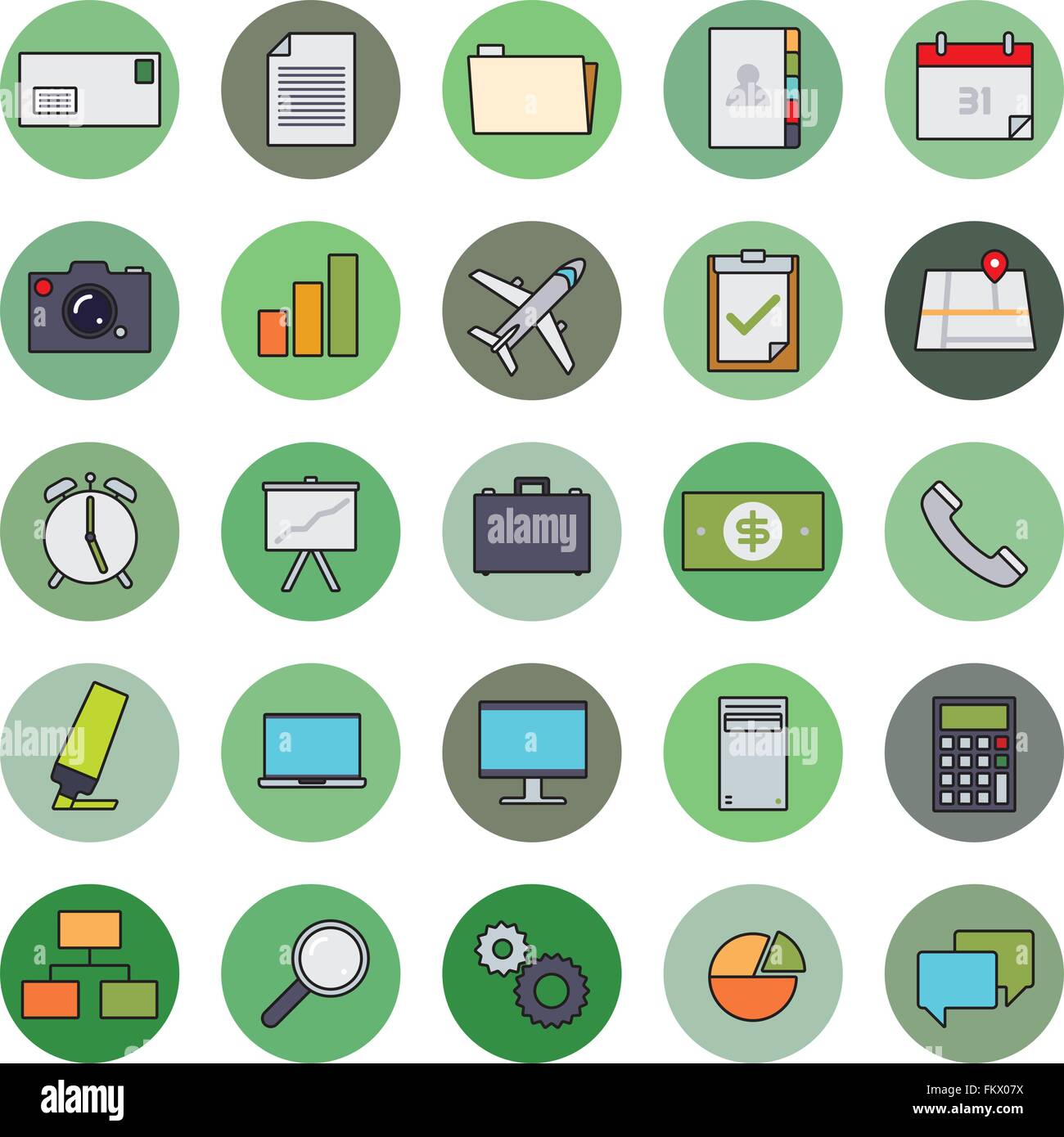 Sammlung von 25 Business und Office im Zusammenhang mit gefüllten Zeile Symbole in Kreisen, Teil 1 Stock Vektor