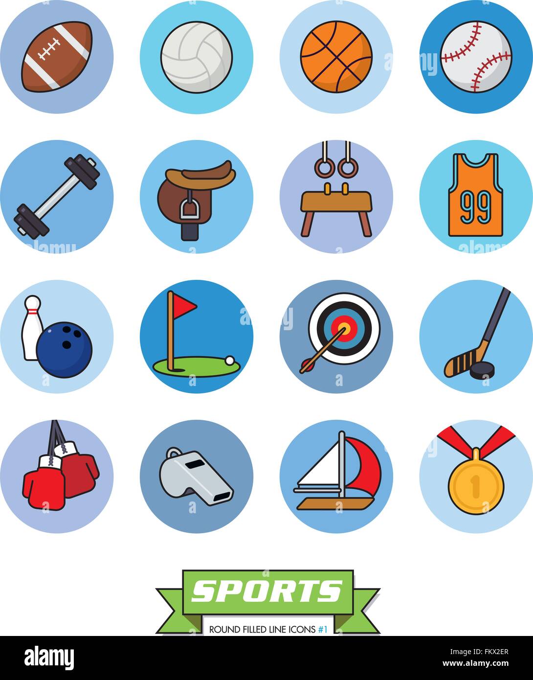 Sammlung von Sport gefüllt Linie Symbole im blauen Kreis, Teil 1 Stock Vektor
