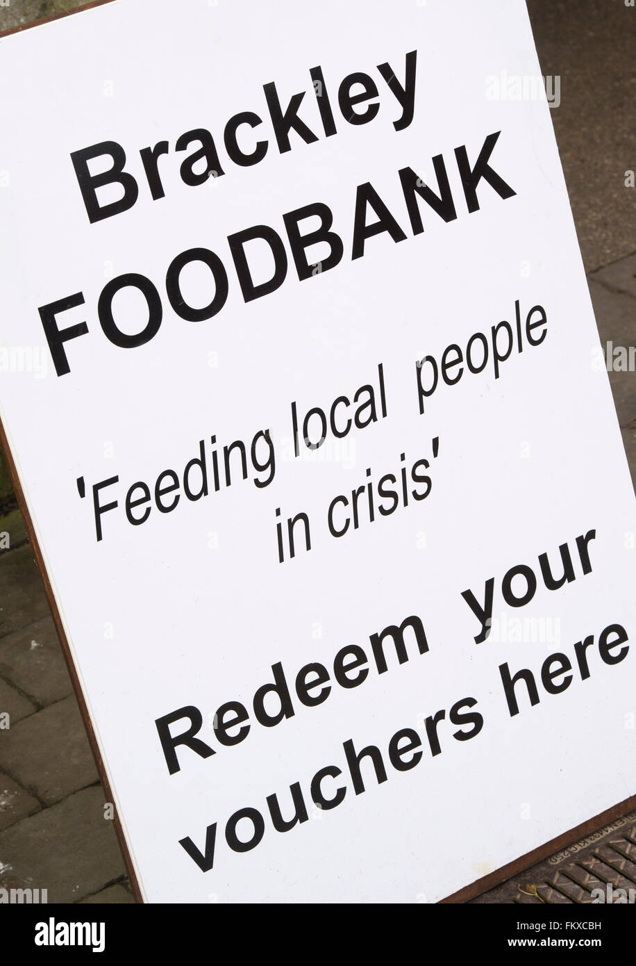 Brackley Foodbank Zeichen. Northamptonshire, England Stockfoto