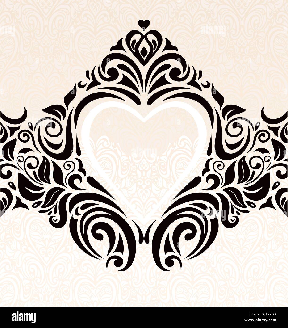 Vintage Hochzeit Ecru & schwarz modische Einladung Wallpaper Hintergrund mit Herz ornament Stock Vektor