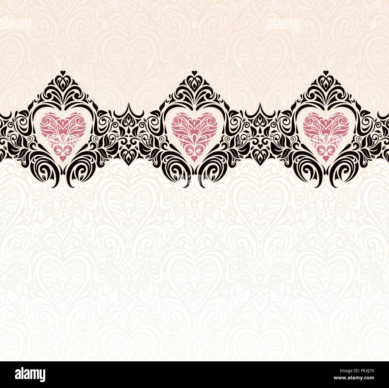 Vintage Hochzeit Ecru & schwarz moderne Einladung Tapete Backgroundwith Herz ornament Stock Vektor