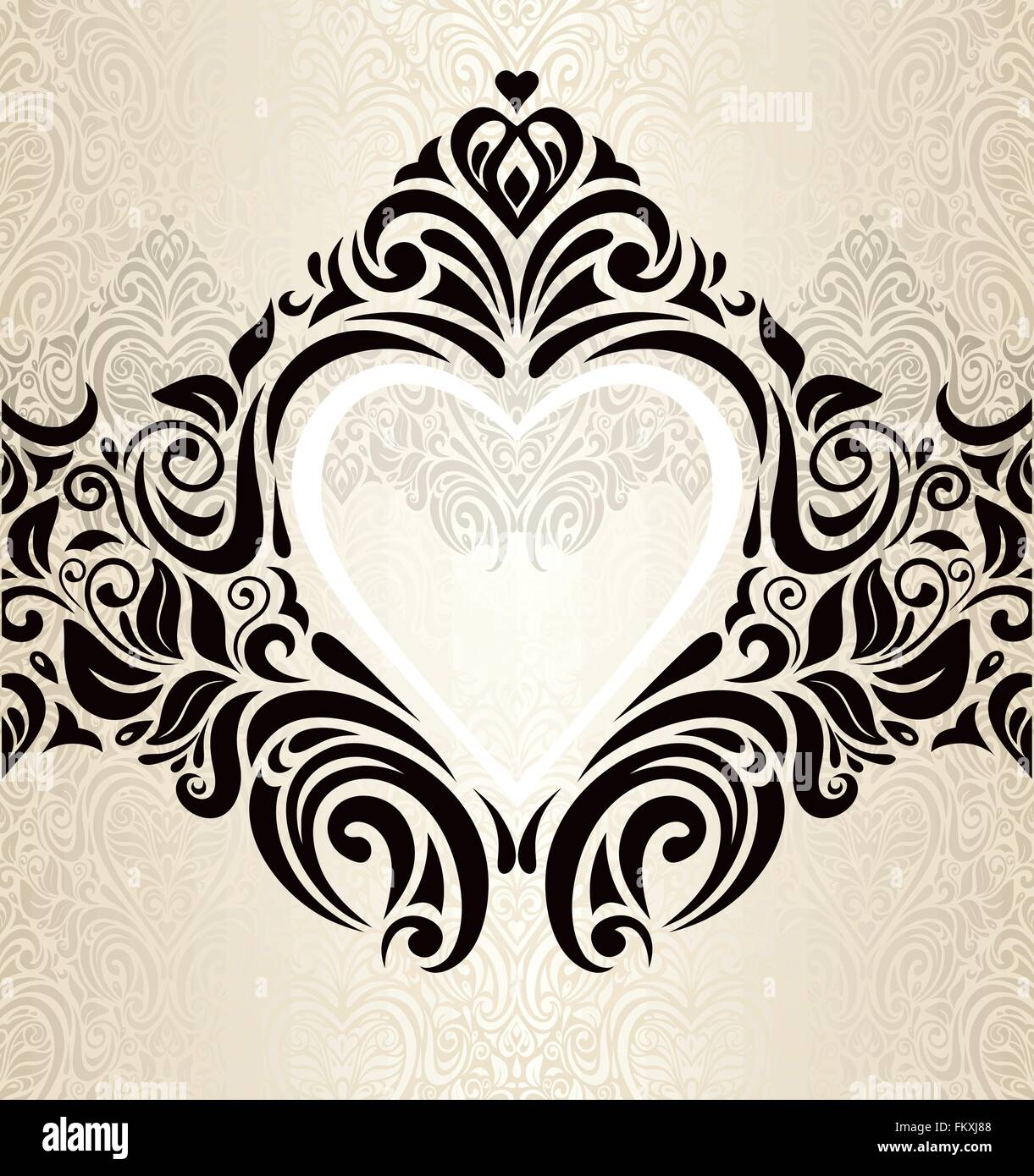 Vintage Hochzeit gold, Ecru & schwarz modische Einladung Wallpaper Hintergrund mit Herz ornament Stock Vektor