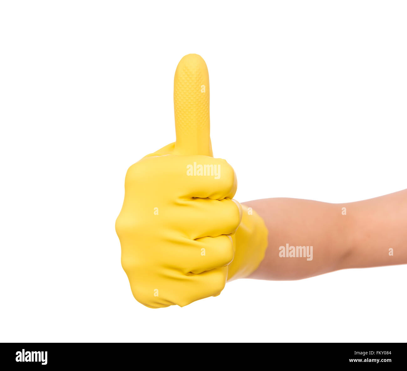 OK Zeichen geben eine gelbe Handschuh. Stockfoto