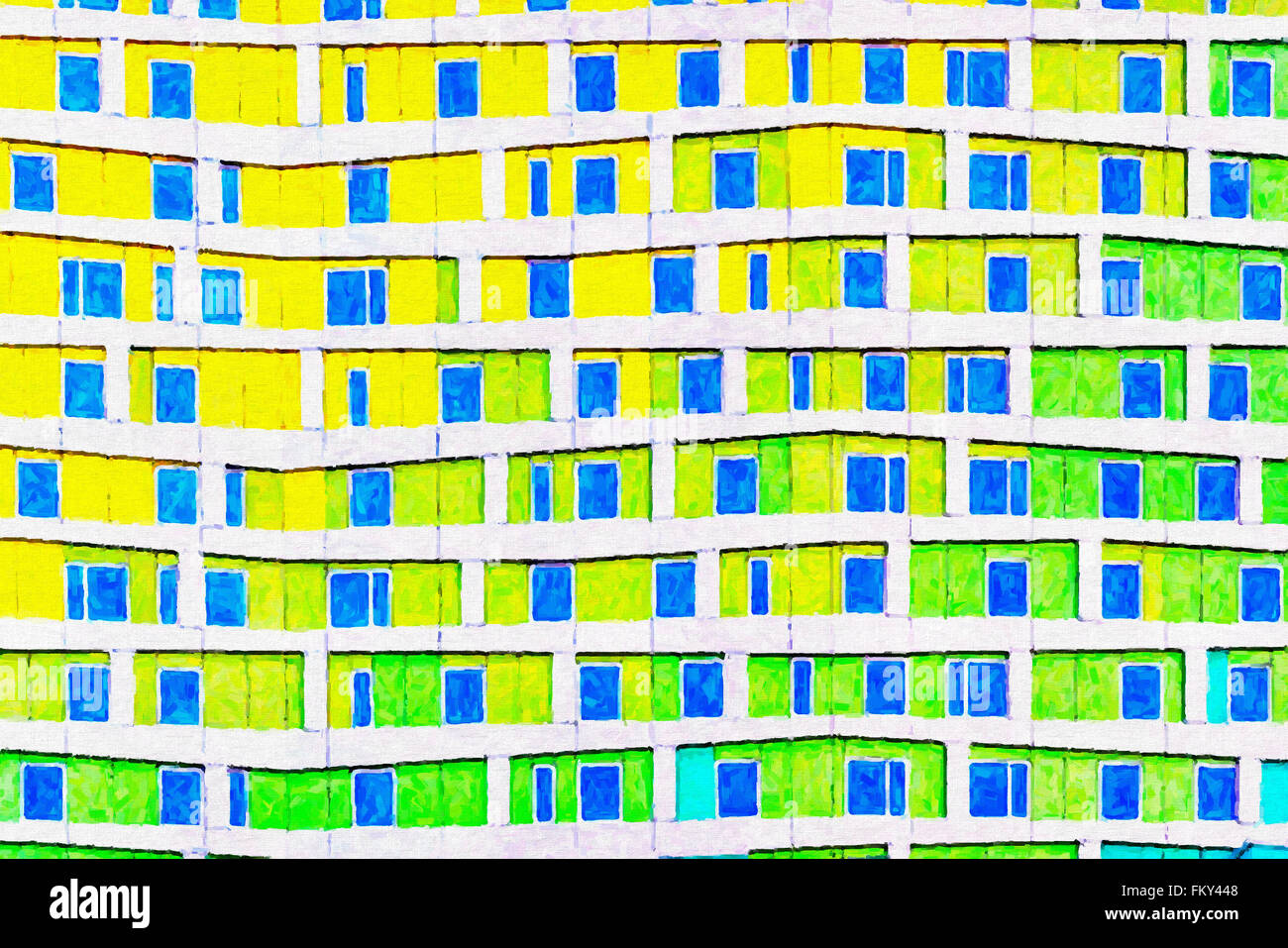 Digitale Malerei von der vorderen Fassade eines modernen Bürogebäudes mit einem sehr abstrakten künstlerischen Blick zu ihm. Stockfoto