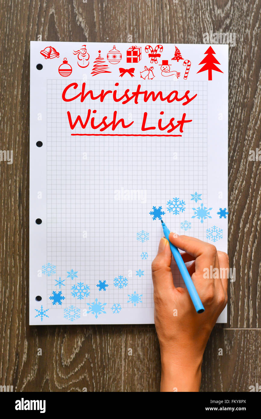 Weihnachts-Wunschliste an den Weihnachtsmann Stockfoto