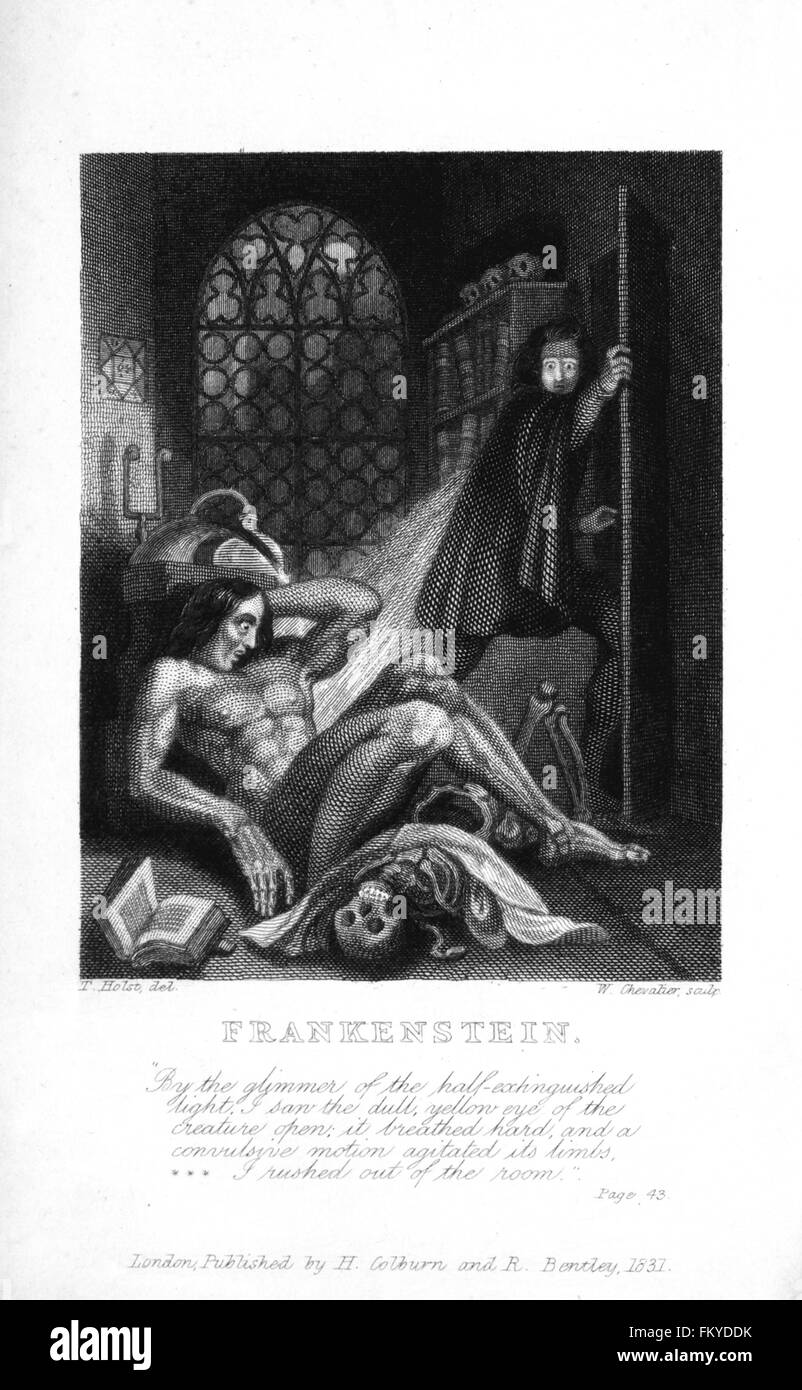 Frankenstein von Mary Shelley. Theodore von Holst Abbildung auf der Innenseite der 3. Auflage von Mary Shelleys "Frankenstein", veröffentlicht im Jahre 1831 zu decken. Stockfoto