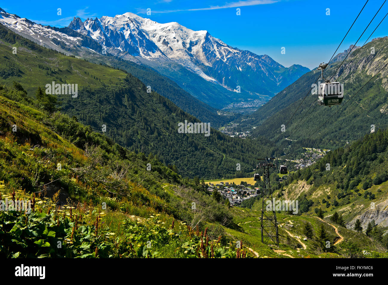 Blick vom Charamillon im Tal von Chamonix Le Tour, hinter dem Gipfel von Mont Blanc Chamonix, Savoyen, Frankreich Stockfoto