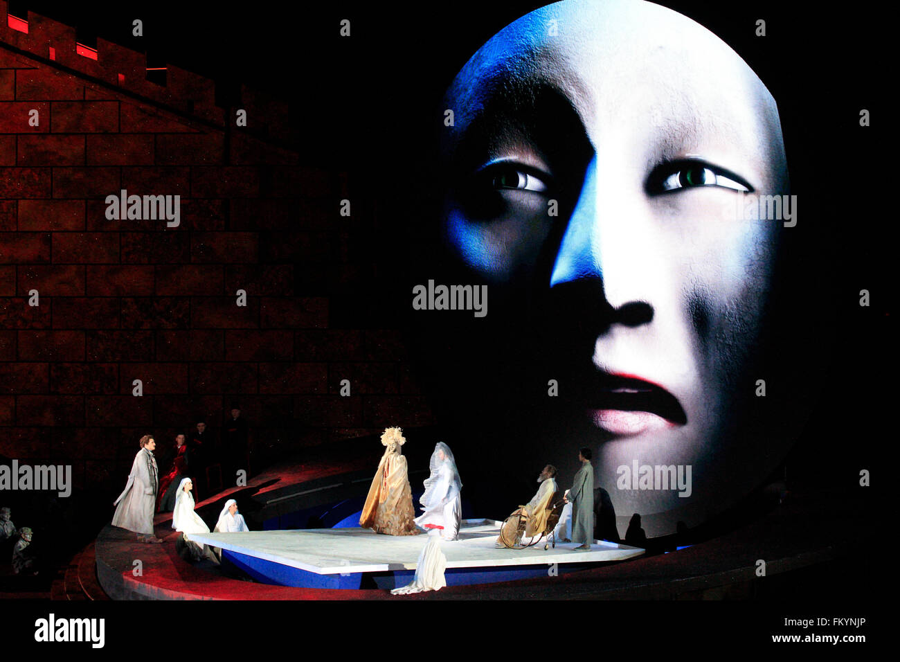 Rätselszene, Giacomo Puccinis Turandot Opernaufführung auf der Bregenzer Festspiele, Seebühne, Bregenz, Vorarlberg, Österreich Stockfoto