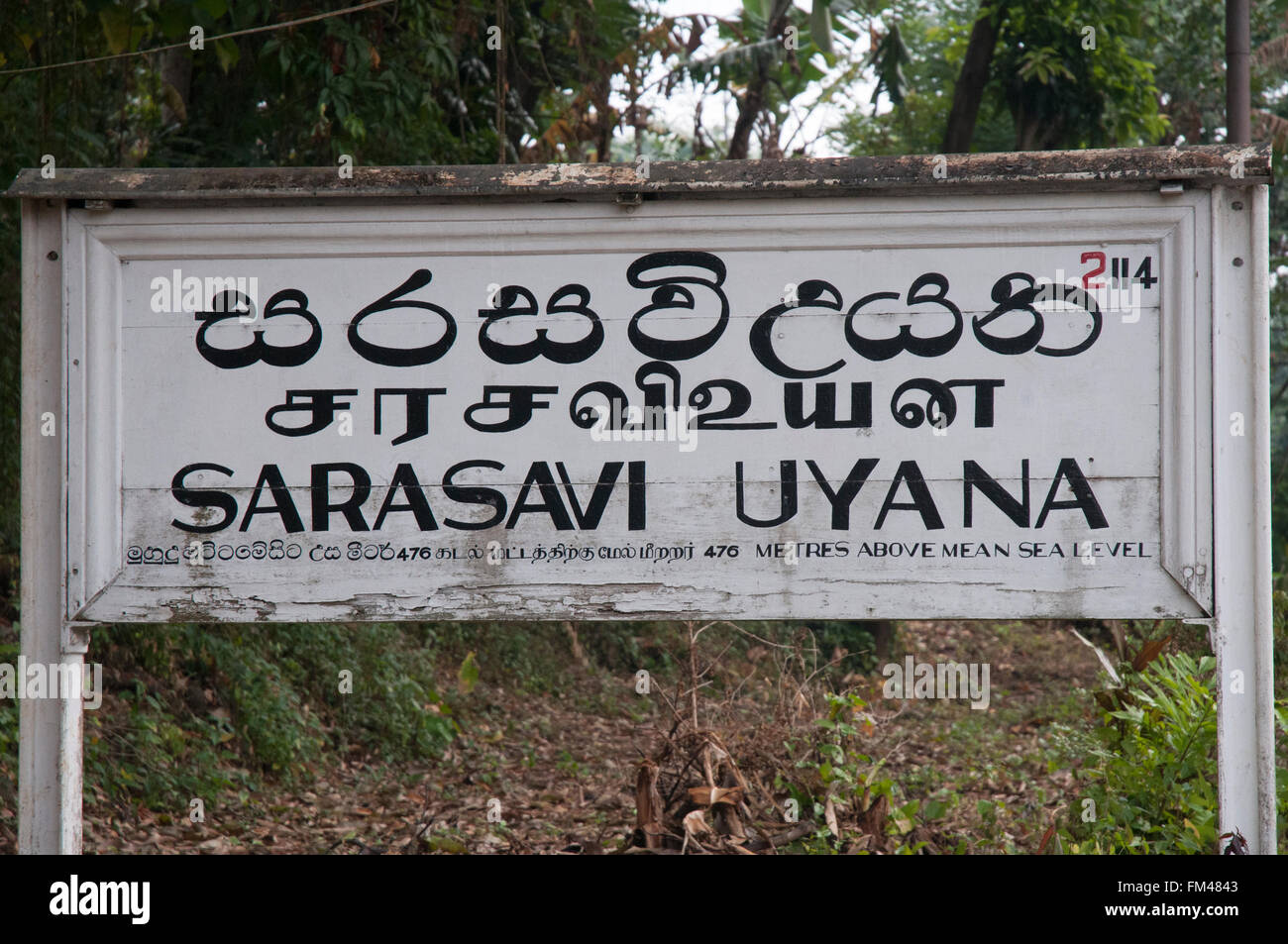 Dreisprachiges Schild auf dem Bahnsteig am Sarasavi Uyana, außerhalb Kandy, Sri Lanka Stockfoto