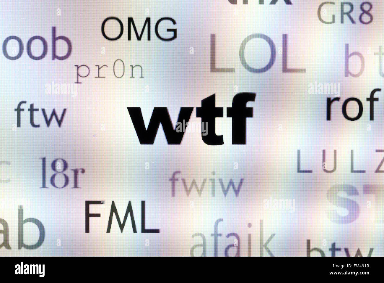 Wort Wolke von häufig verwendeten Internet slang WTF Hervorhebung - USA Stockfoto