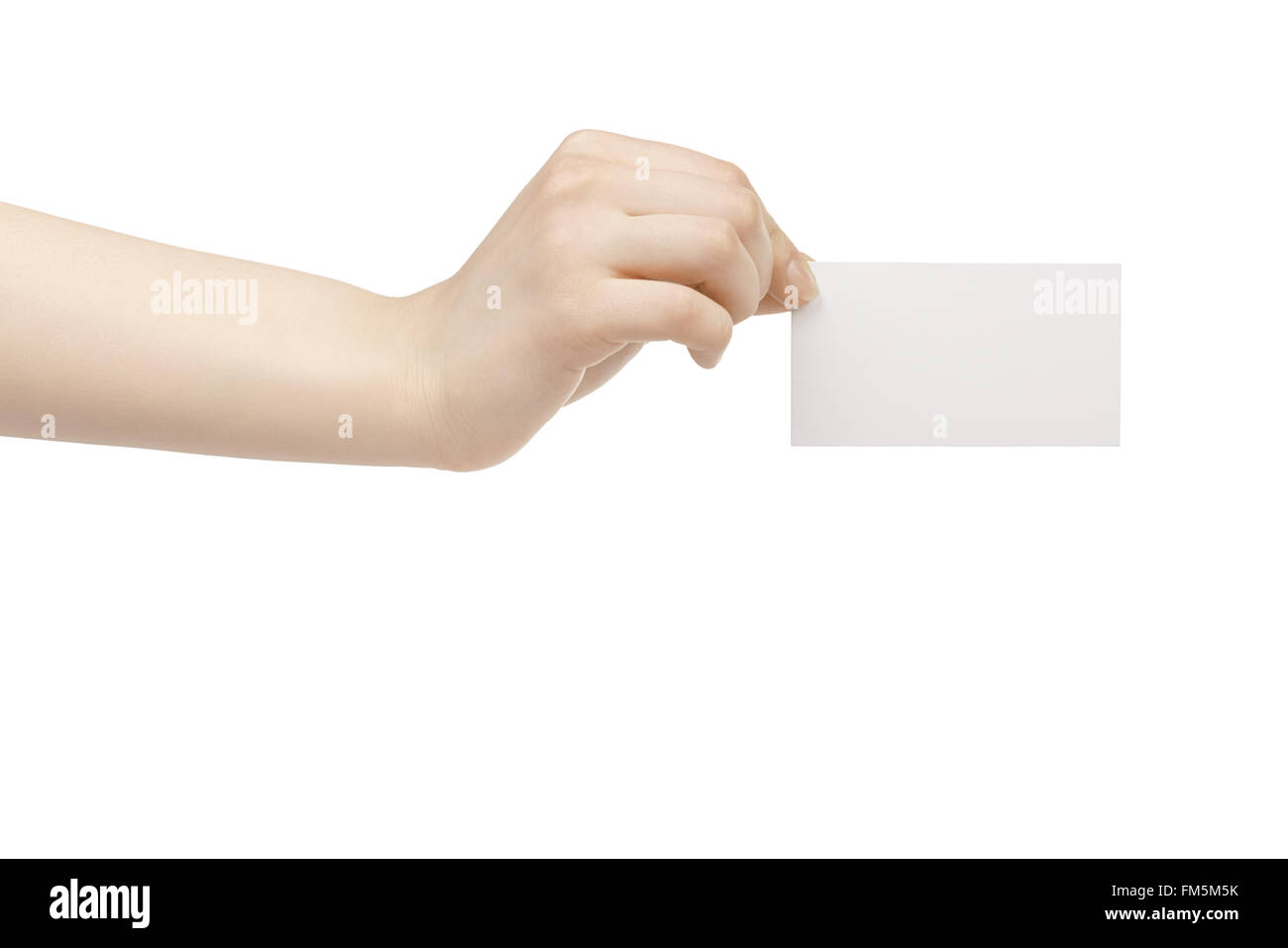 junge weibliche Hand halten leere weiße Papier-Karte Stockfoto