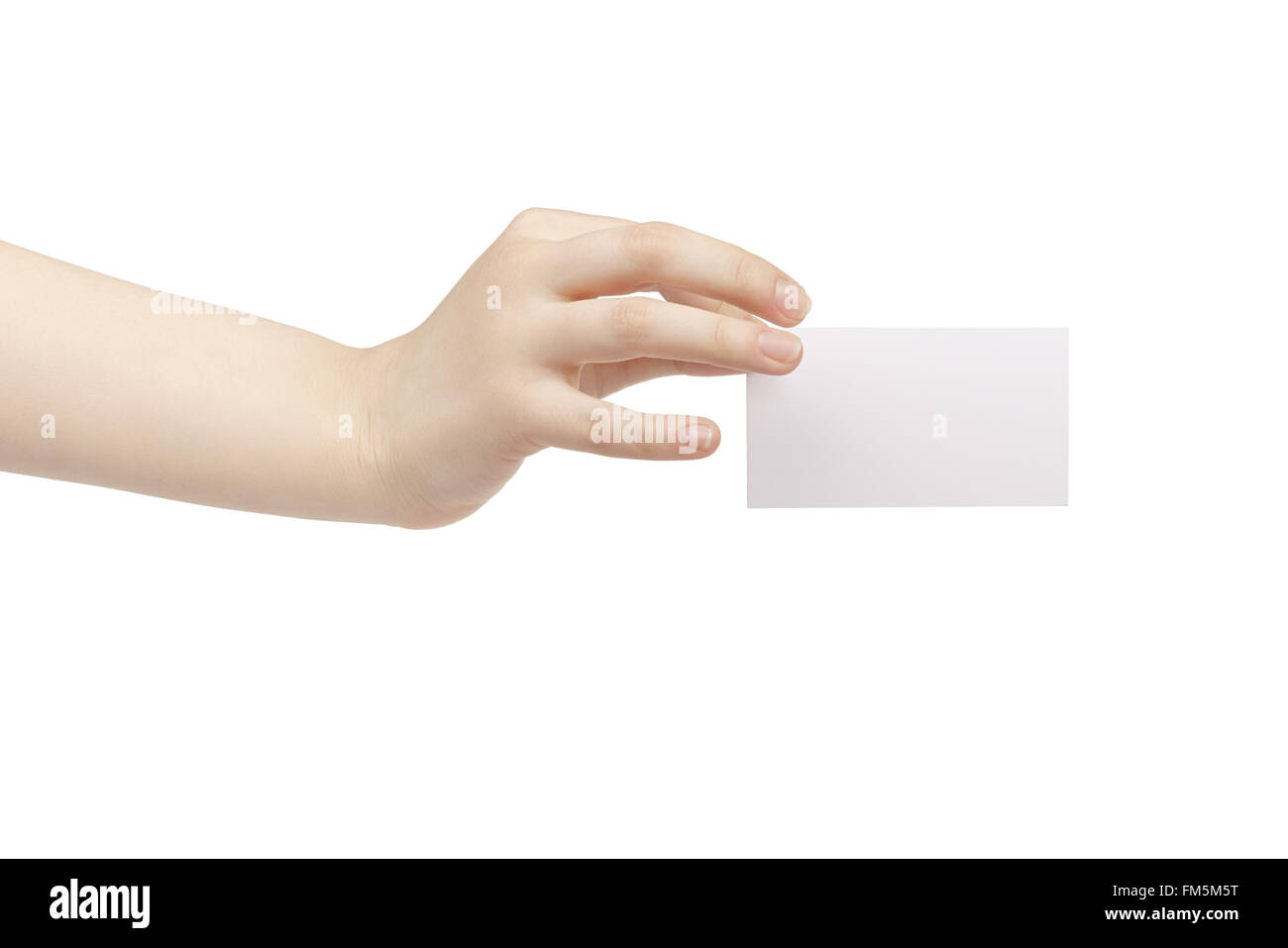 junge weibliche Hand halten leere weiße Papier-Karte Stockfoto