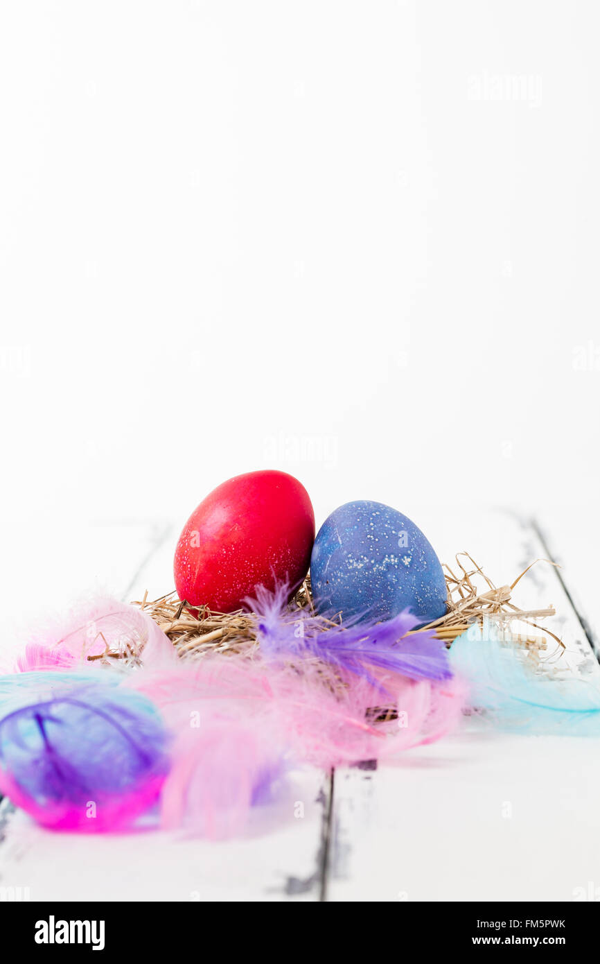 Ostern-Bild mit roten und blauen Eiern und Federn Stockfoto