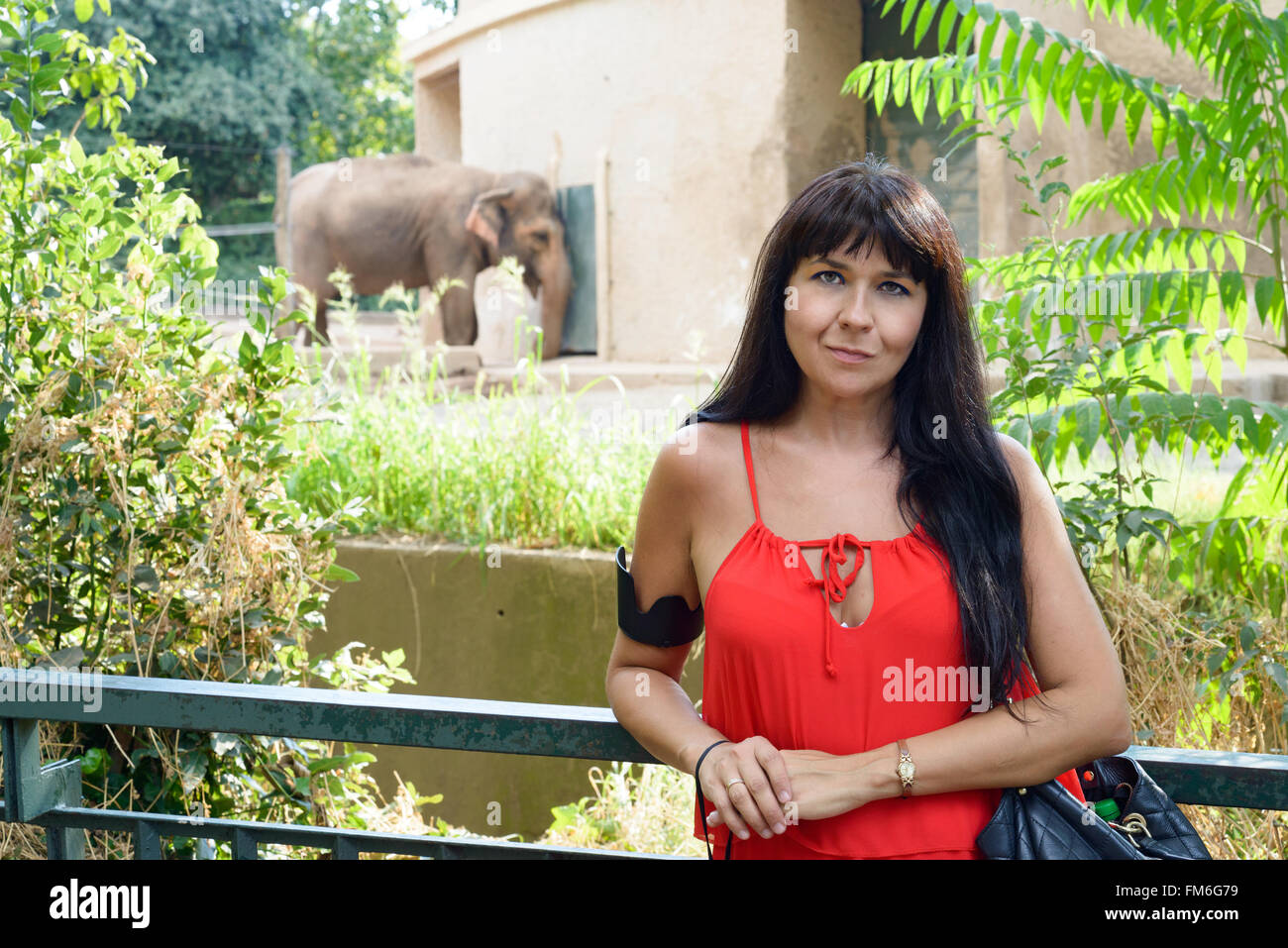 Mädchen lächelnd zwischen Grünpflanzen, ein Elefant im Hintergrund Stockfoto