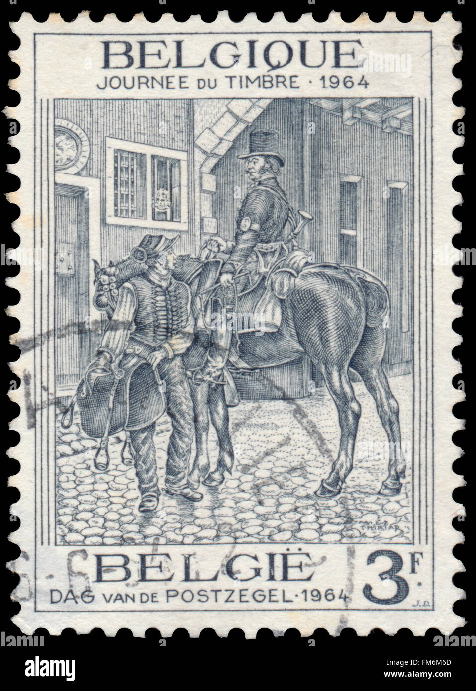 BUDAPEST, Ungarn - 27. Februar 2016: eine Briefmarke gedruckt in Belgien zeigt Postrider, ca. 1964 Stockfoto