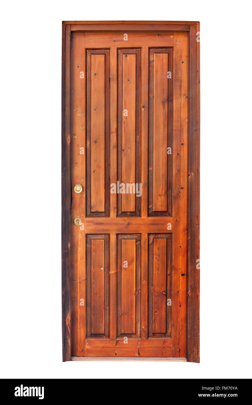 Hölzerne Tür eines Raumes isoliert auf weißem Hintergrund Stockfoto