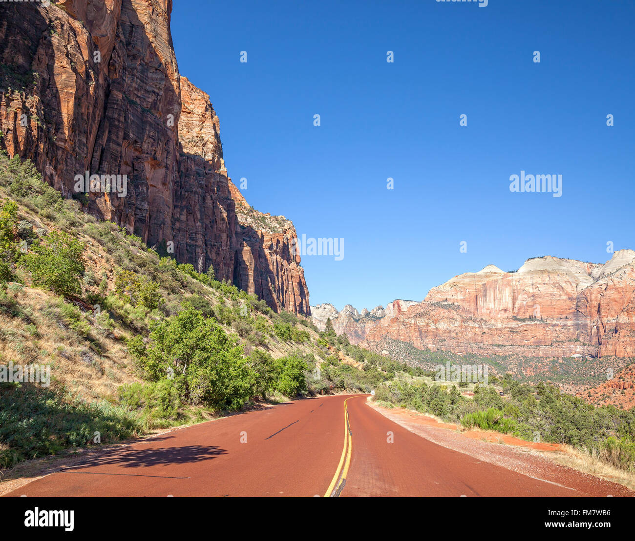 Rote Straße mit Ausblick im Zion Nationalpark, Utah, USA. Stockfoto