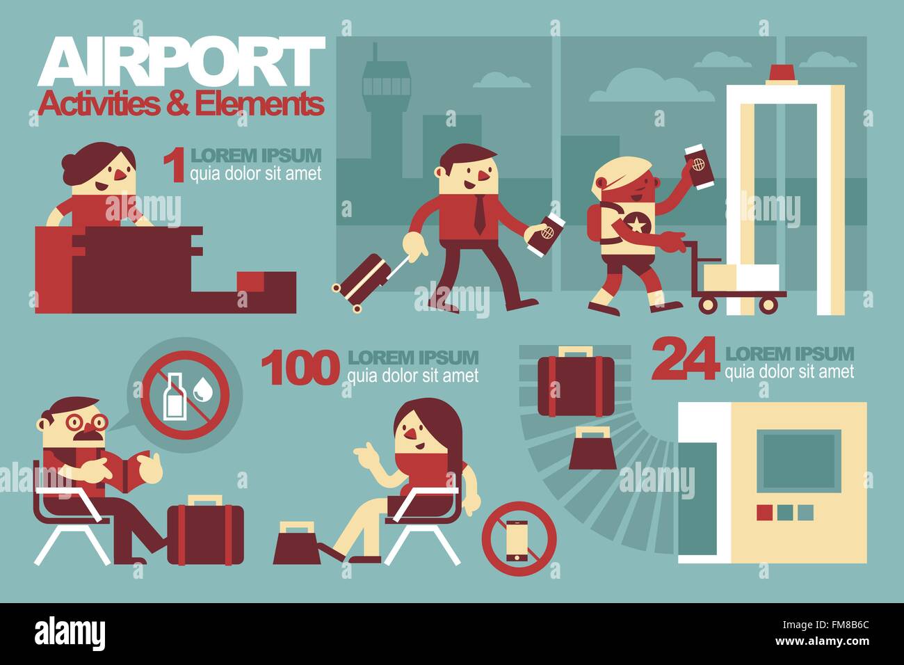 Vektor-Illustration innerhalb des Flughafens, Aktivitäten und Elemente. Stock Vektor