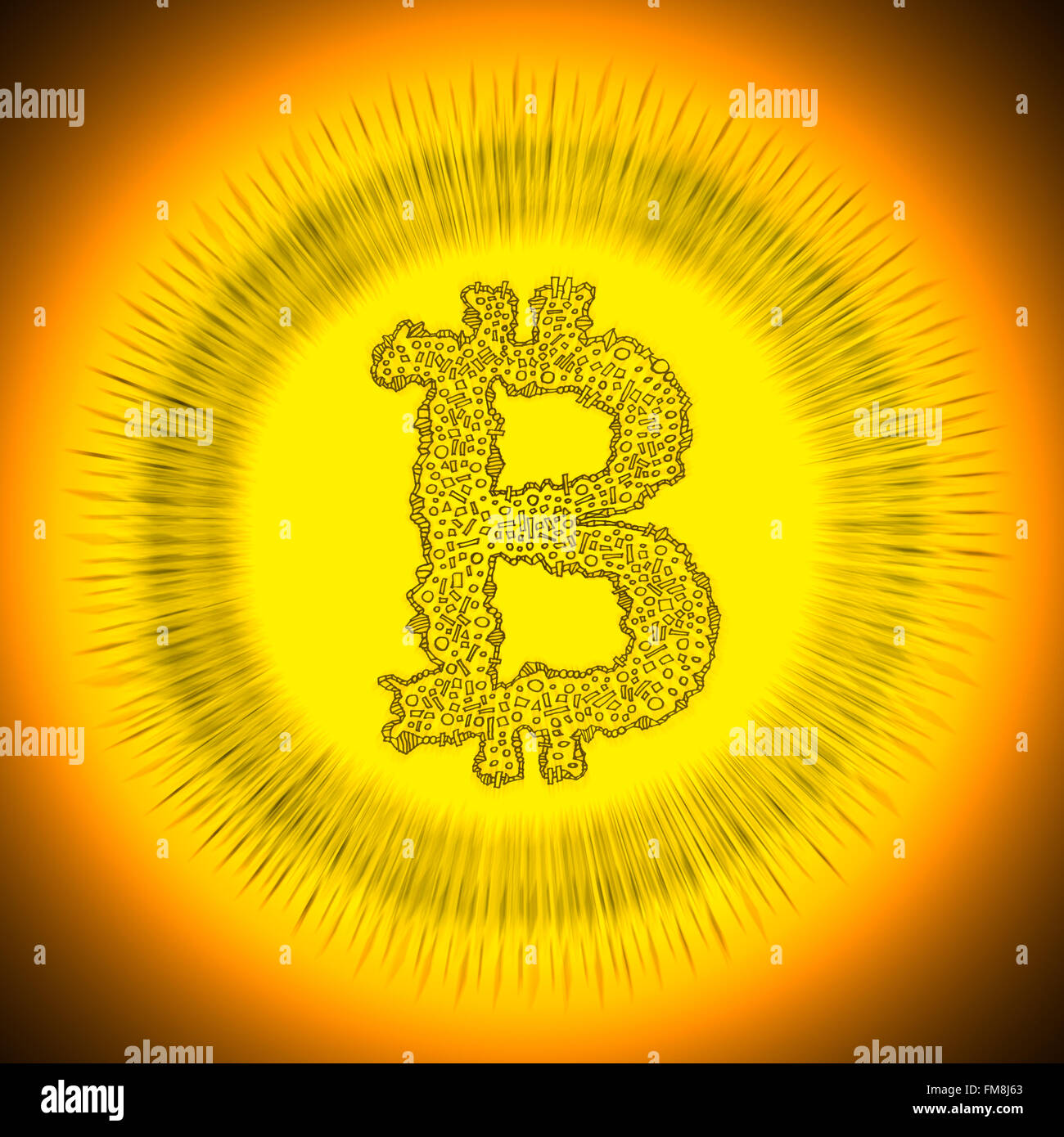 Golden strahlende Bitcoin-Logo. Abbildung eines digitalen dezentrale Krypto Währung Münze. Stockfoto