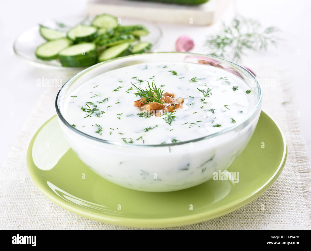 Joghurt kalte Suppe Gurken, Dill und Walnuss Stockfoto