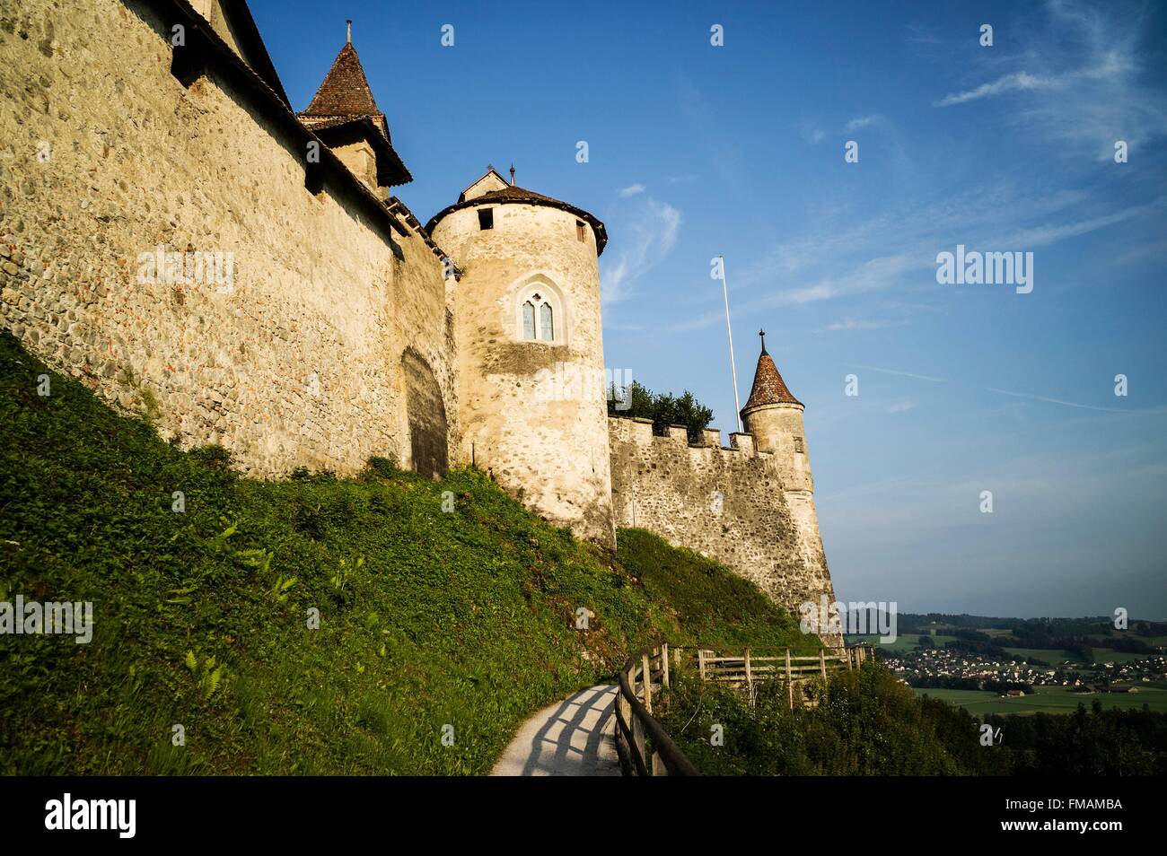 Schweiz, Kanton Freiburg, Gruyères, mittelalterliche Stadt, die Burg Stockfoto